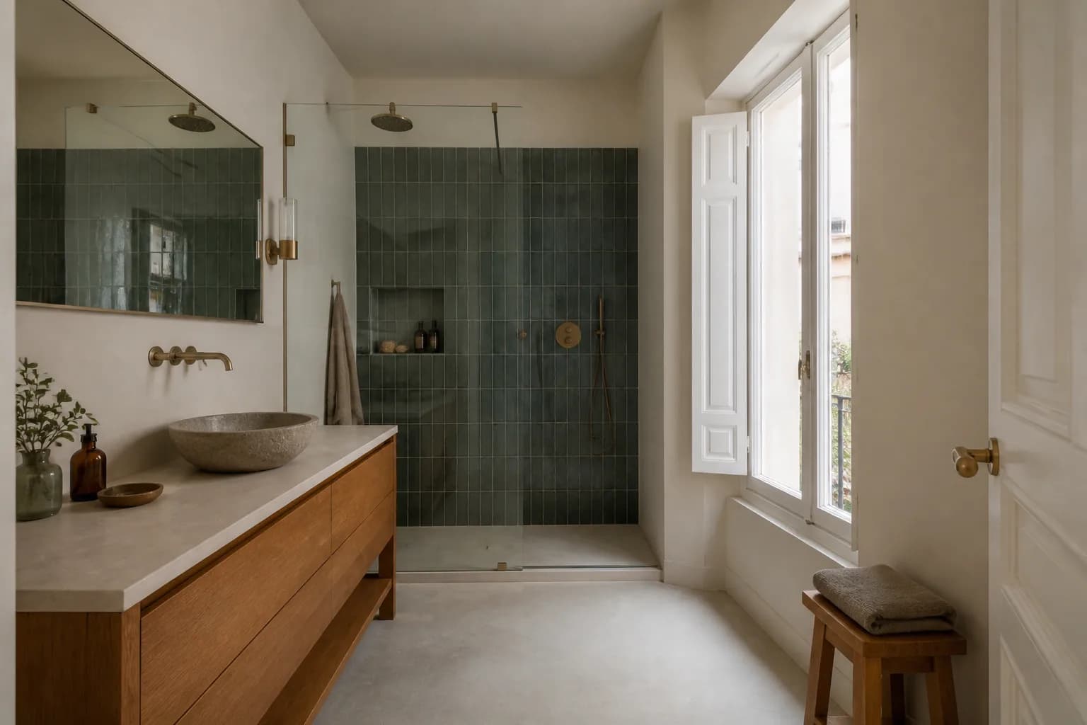 Baño reformado con azulejo verde artesanal, mueble de madera y ducha de obra