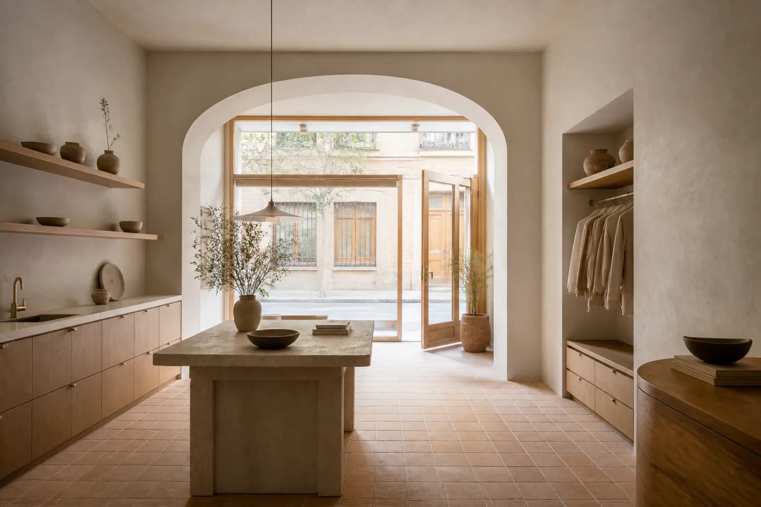 Local comercial reformado con arco, madera clara, suelo de terracota y escaparate