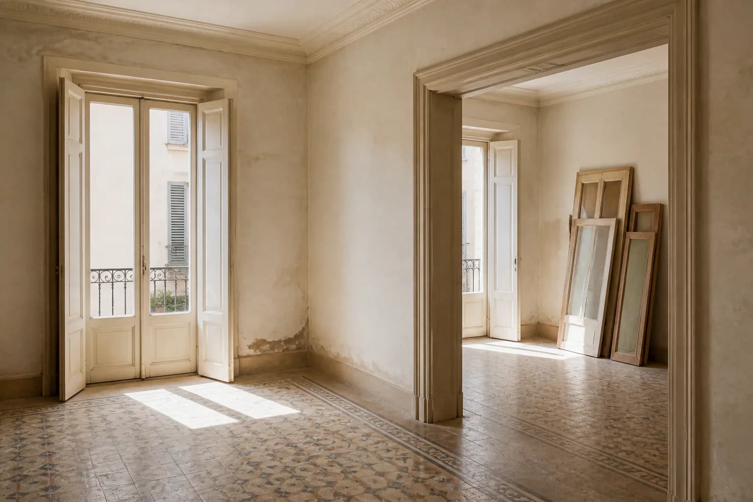 Piso antiguo de Valencia antes de la reforma con mosaico, molduras y balconeras