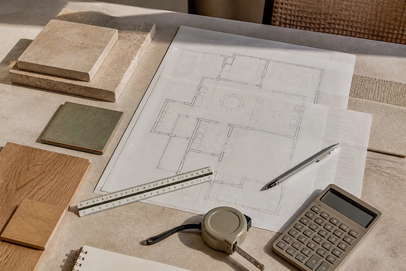 Mesa de planificación con planos, metro, calculadora y muestras de materiales